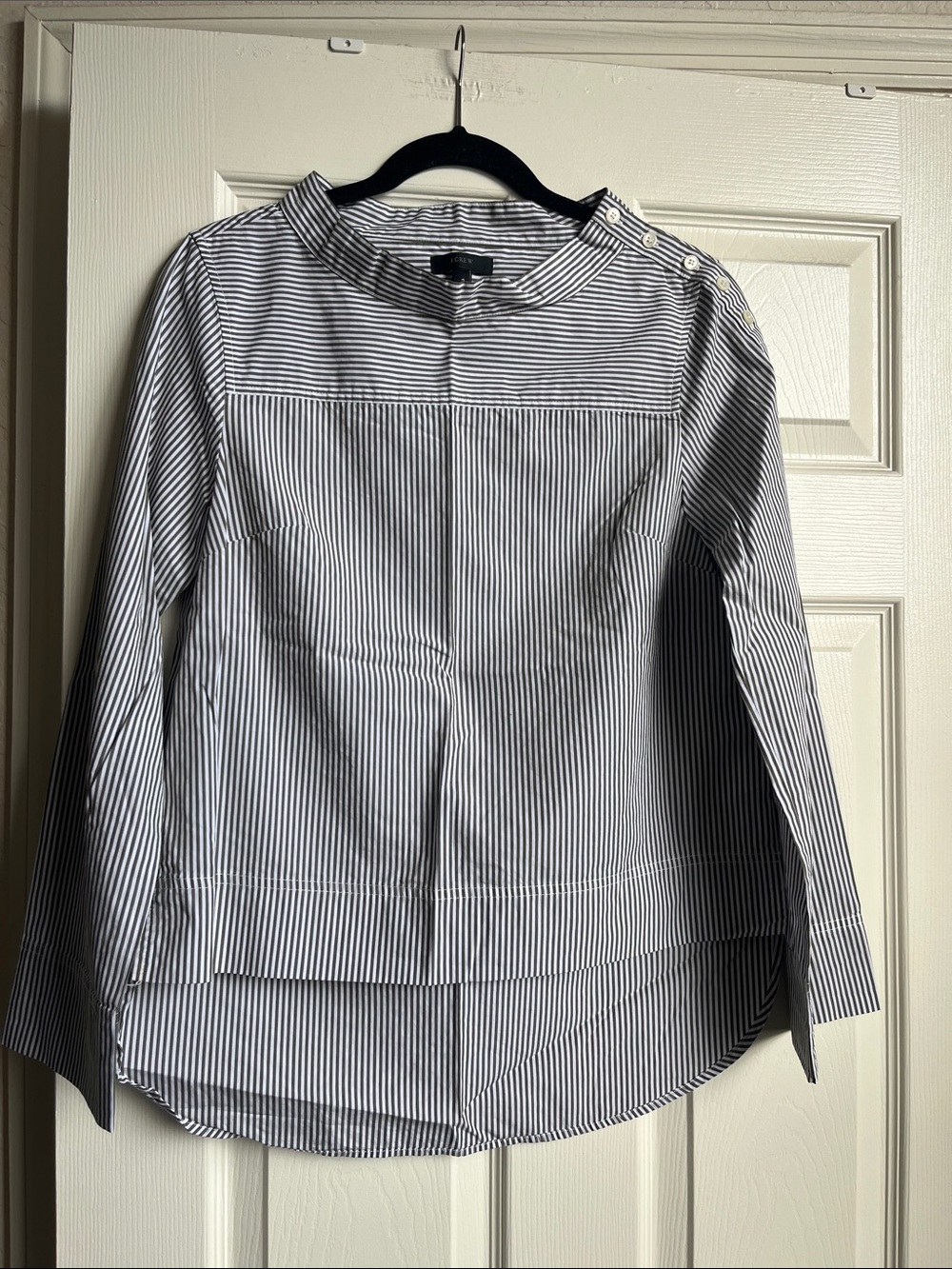 Jcrew Button-Shoulder Blouse in dark green and white stripe